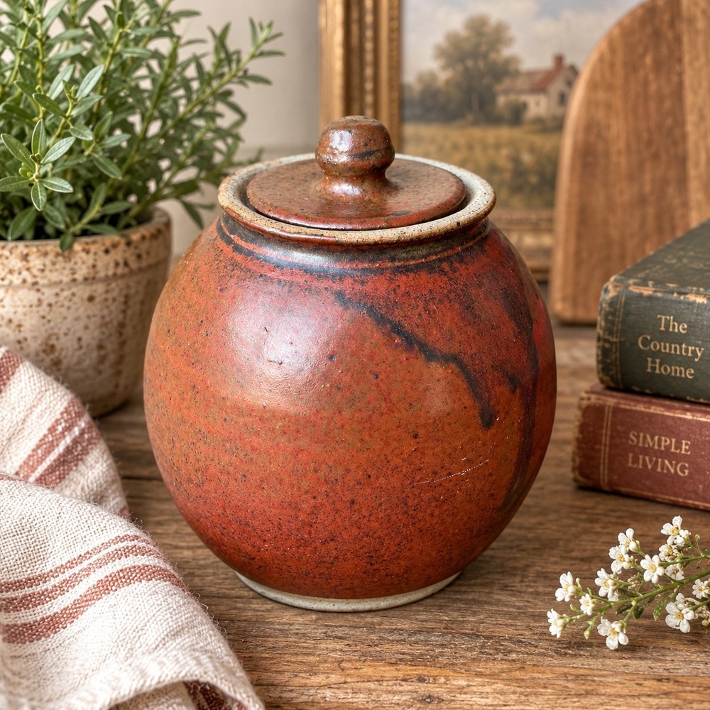 Vintage Glenn 99 Signed Studio Pottery Lidded Jar Terracotta Glaze Stoneware